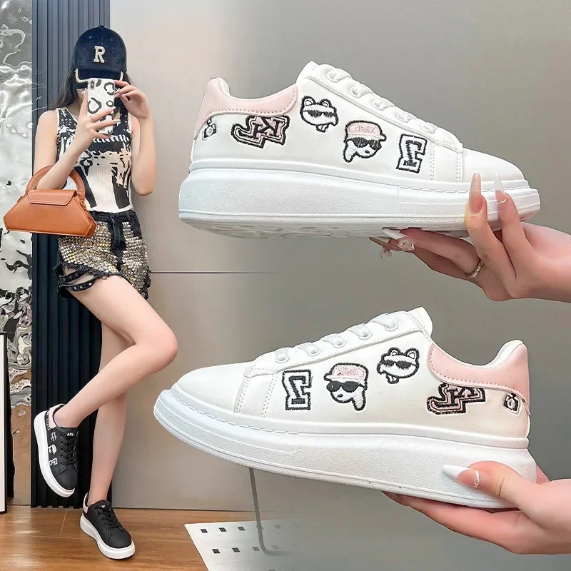 2024 New Fashion Lace-up Women Platform Sneakers Woman Black Casual Thick-soled Shoes Cute Cartoon Embroidery White Flats