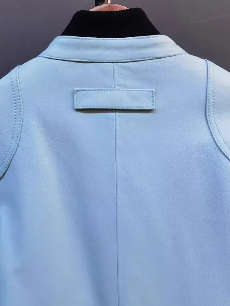 Moda autunno donna pelle di pecora giacca in vera pelle colletto alla coreana cerniera motociclista cappotto antivento giacche punk slim fit