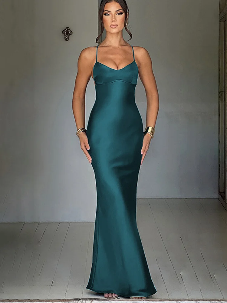 Mode Sexy Backless Lace-up Maxi Avondjurken Y2k Satijnen Jurken 2026 Nieuwe vrouwen Slim Fit U-hals Party Strap jurk