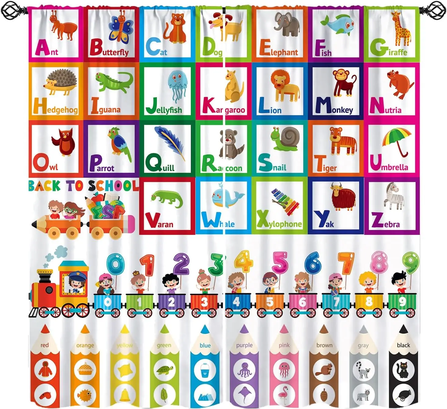 Kids Animal ABC Number Train Curtain 2 Panels, Cartoon Alphabet Crayon Back To School Print, Drapes for Nursery Bedroom Curtain