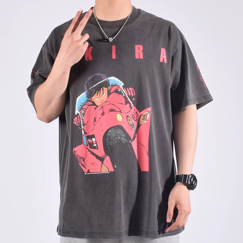 Sommer y2k Akira japanische Anime Cartoon Vintage Wash Baumwolle kurze Ärmel lose lässige Street Print T-Shirt übergroßen Rundhals ausschnitt
