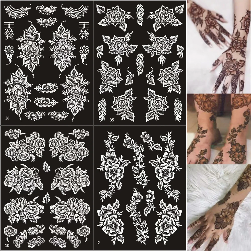 

Трафареты для татуировок с цветами, временные татуировки, наклейки, боди-арт, трафареты из хны, шаблон татуировки Менди, дизайн, инструменты для ручной рисования тела