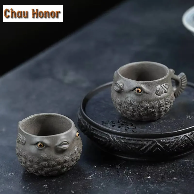 60ml Chinese Yixing Zisha Teacup Handamde Biomimetic Puffer Master Cup Raw Ore Green Grey Mud Purple Clay Tea Bowl Kung Fu Set