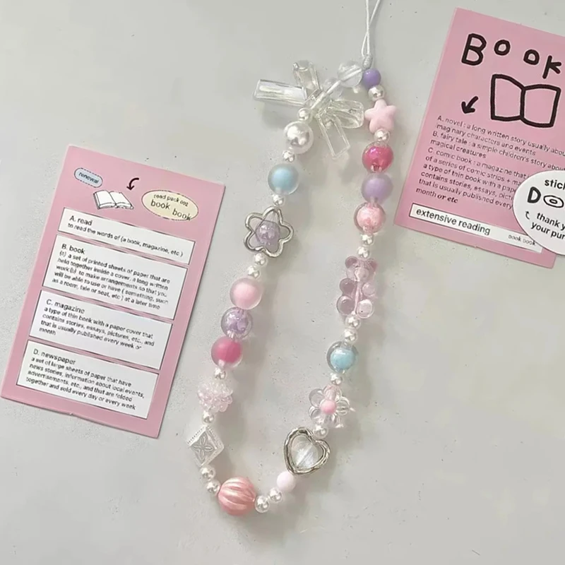 Cute Pink Bear Bow Pendant Beaded Phone Chain For iPhone Fashion Hanging Rope Women Anti-lost Lanyard Jewelry Charm Strap Gift