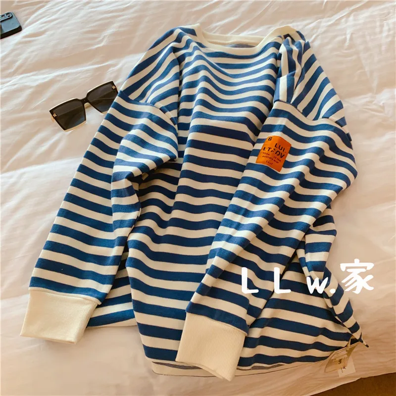 

Loose Fit Women's Crew Neck Long Sleeve Sweatshirt Striped Pullover Casual Comfortable Cotton Polyester Blend T-Shirt Dress