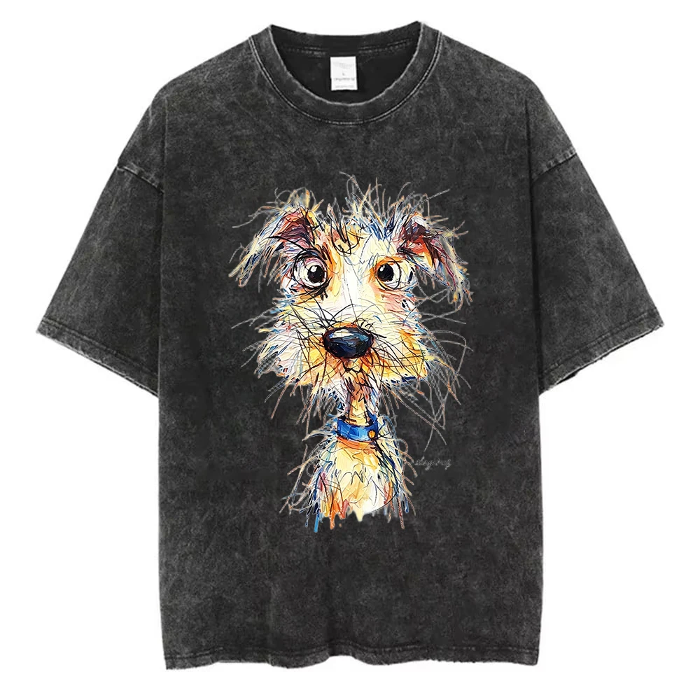 Abstract Dog Graphic Washed T Shirt Women Artistic Puppy Print Oversized Tee Vintage Casual Short Sleeve Harajuku Streetwear