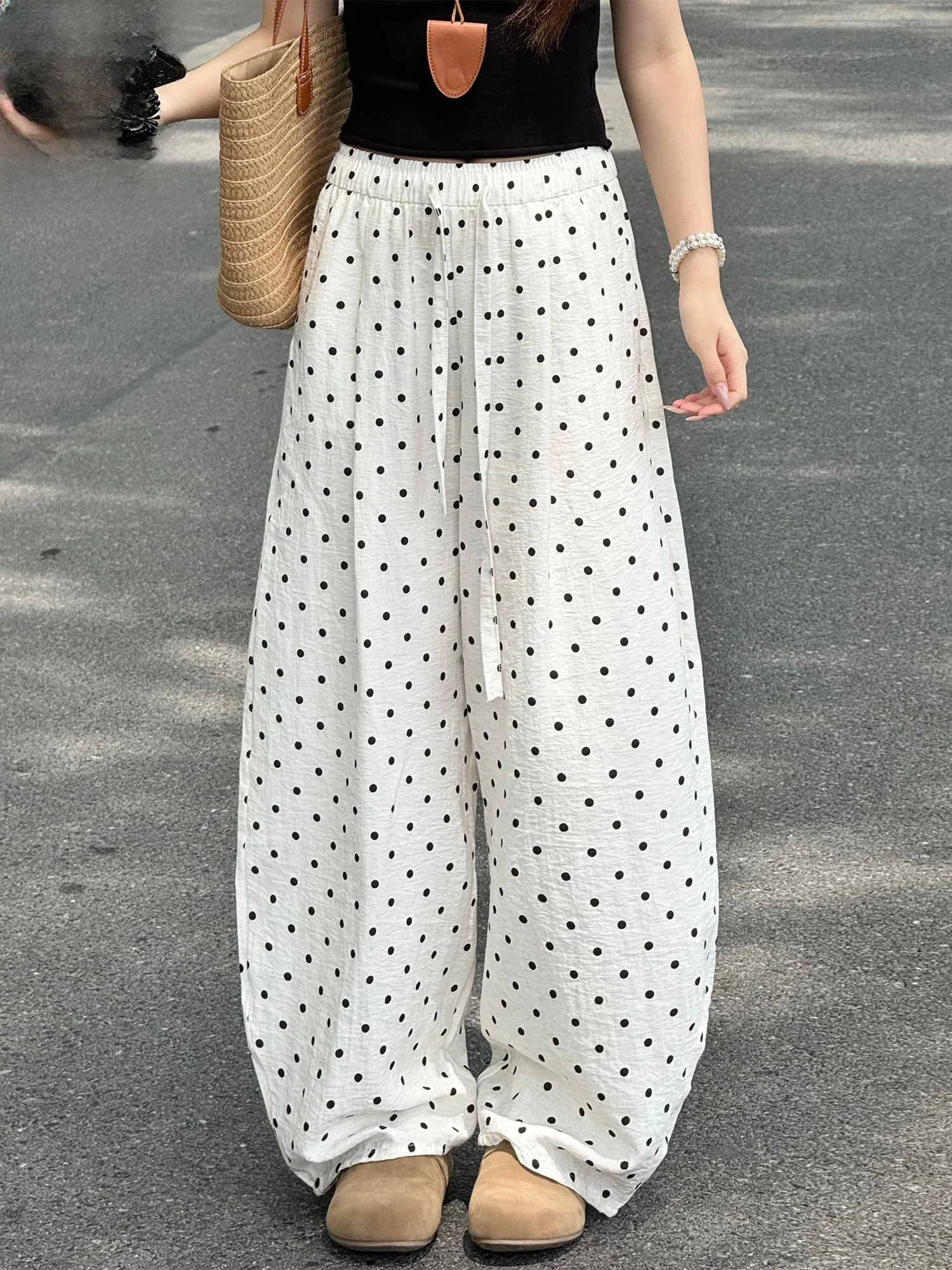 

White Polka Dot Cotton Linen Wide Leg Pants Women Summer Thin New Style Casual Loose Feel Lazy Knife Linen Trousers