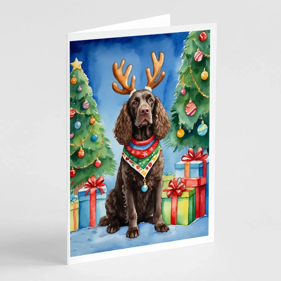 

American Water Spaniel Christmas Reindeer Greeting Cards Pack of 8 Blank Cards with Envelopes Whimsical A7 Size 5x7 Blank Note