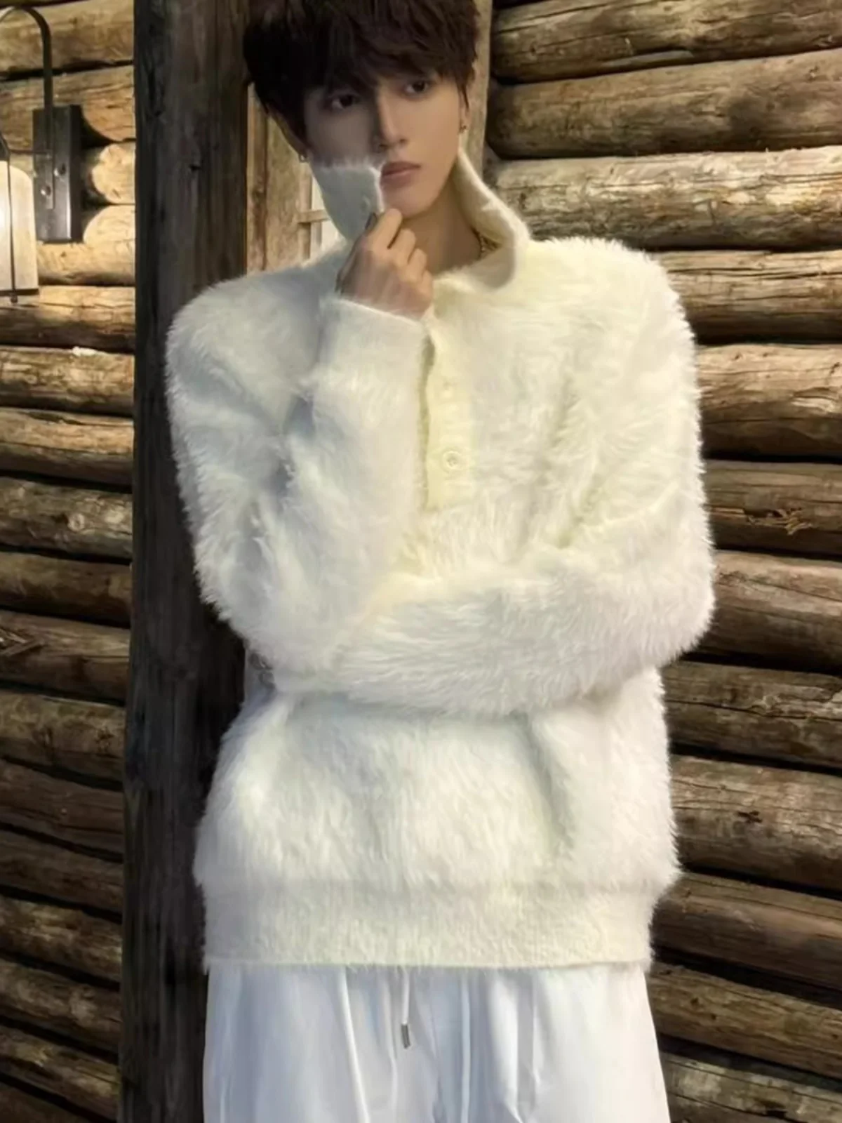 

Осенне-зимний теплый вязаный свитер с воротником из кроличьего меха, пушистый, свободный, повседневный, для мужчин и молодежи, модный, с длинными рукавами