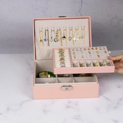 Pu Leather Jewelry Box Organizer Women Girls 2 Layer Jewelry Storage Case with Lock for Rings Earrings Necklace Bracelets