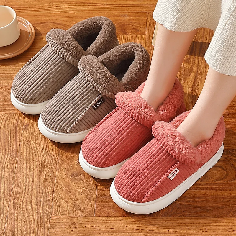 Plus Size 48-49 Winter Couple Style Solid Color Wrap Heels Plush Slippers Non-slip Warm Women Men Home Cotton Shoes