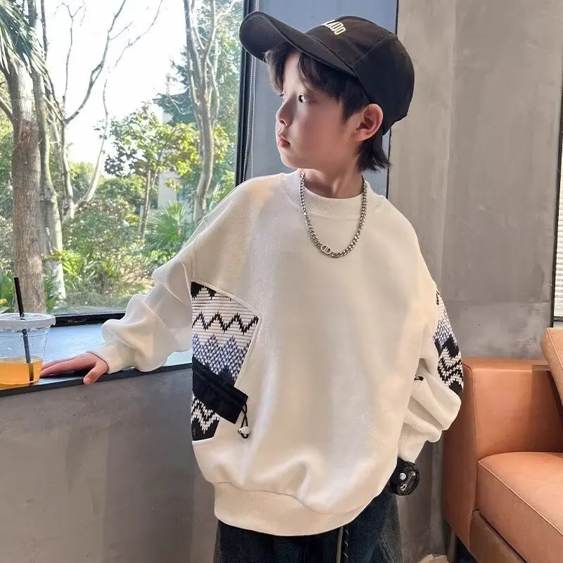 

2025 New Winter Children's Cotton Splicing Geometric Pattern Round Neck Warm Hoodie