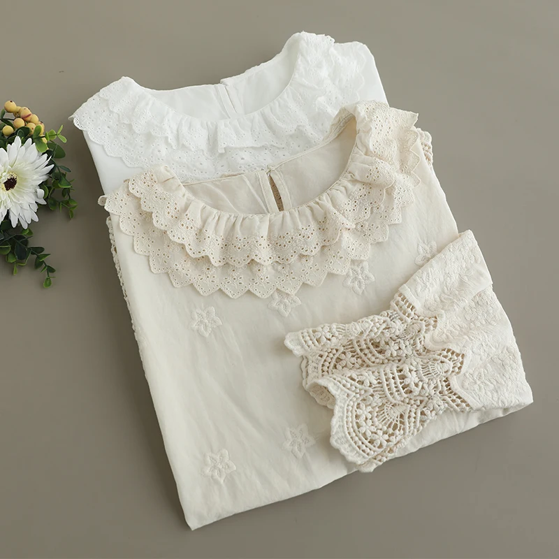 2025 Spring New Japanese Sweet Mori Girl Lace Embroidery Hollow Out Crochet Shirts Women O-Neck Long Sleeve Cotton Blouse Tops