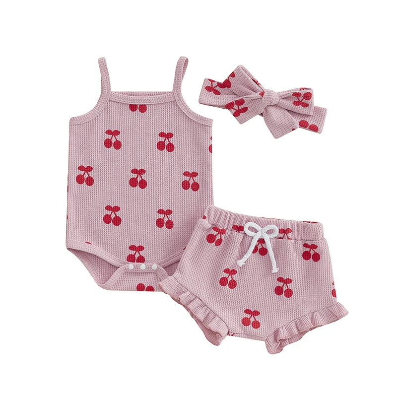 Infant Baby Girls Outfits Sleeveless Cherry Print Romper Shorts Pants Headband 3PCS Newborn Girl Summer Clothes Set