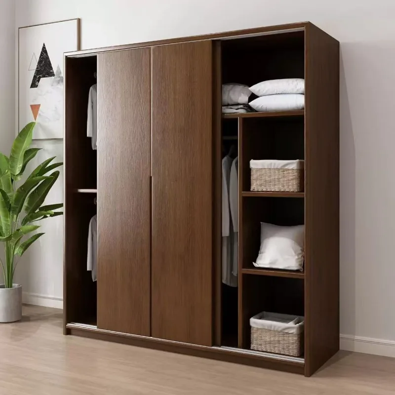 Solid wood sliding door wardrobe oak small apartment storage sliding door cabinet