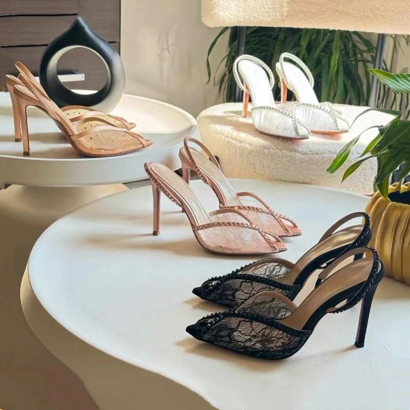 Summer new pointed fish mouth rhinestone with lace mesh, wedding shoes, banquet dresses, slim heels, high-heeled women's sandals
