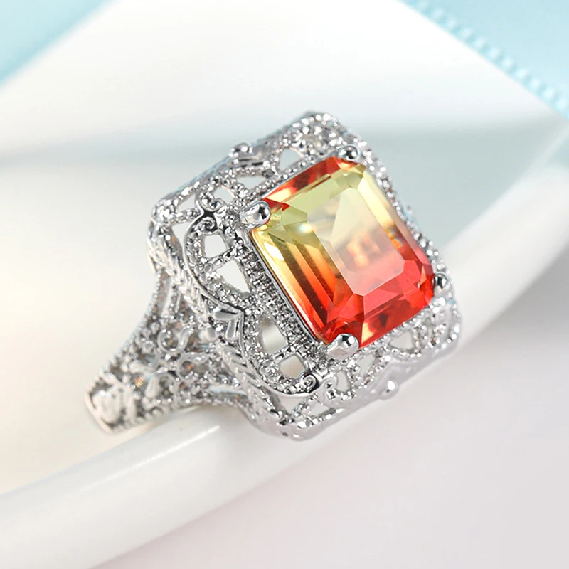 Genuine Red Gemstone Tourmaline Ring For Women Engagement Ring Colorful Stone Jewelry Hollow Out Carving Silver Color Ring