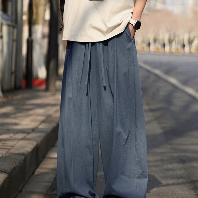 Men Women Chinese Style Linen Cotton Drawstring Wide Leg Harem Pants Retro Loose Casual Long Trousers