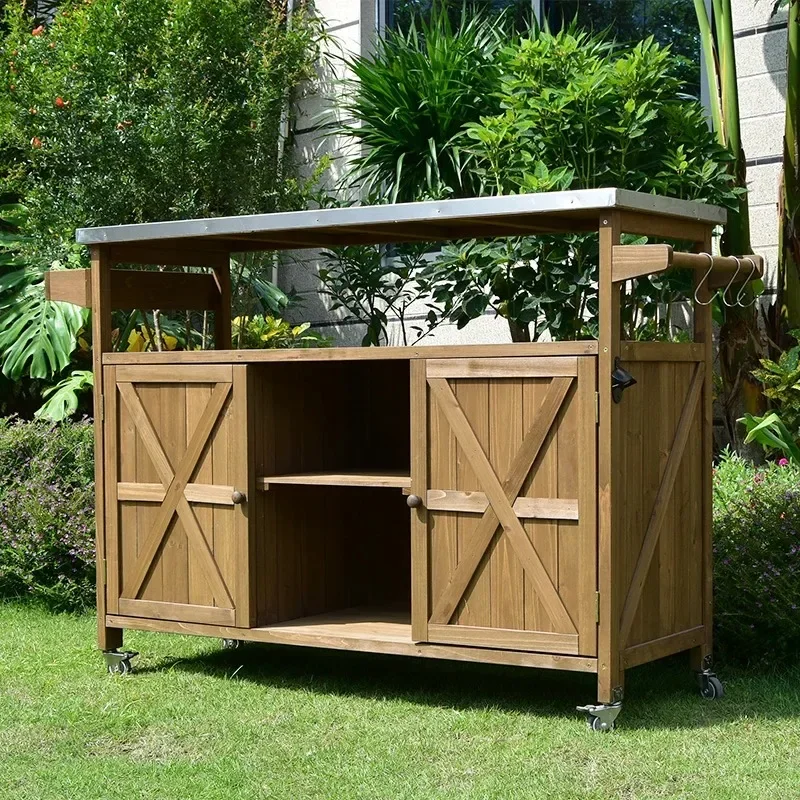 Outdoor solid wood dining car meal preparation storage cabinet storage console finishing pulley movable garden rain sun