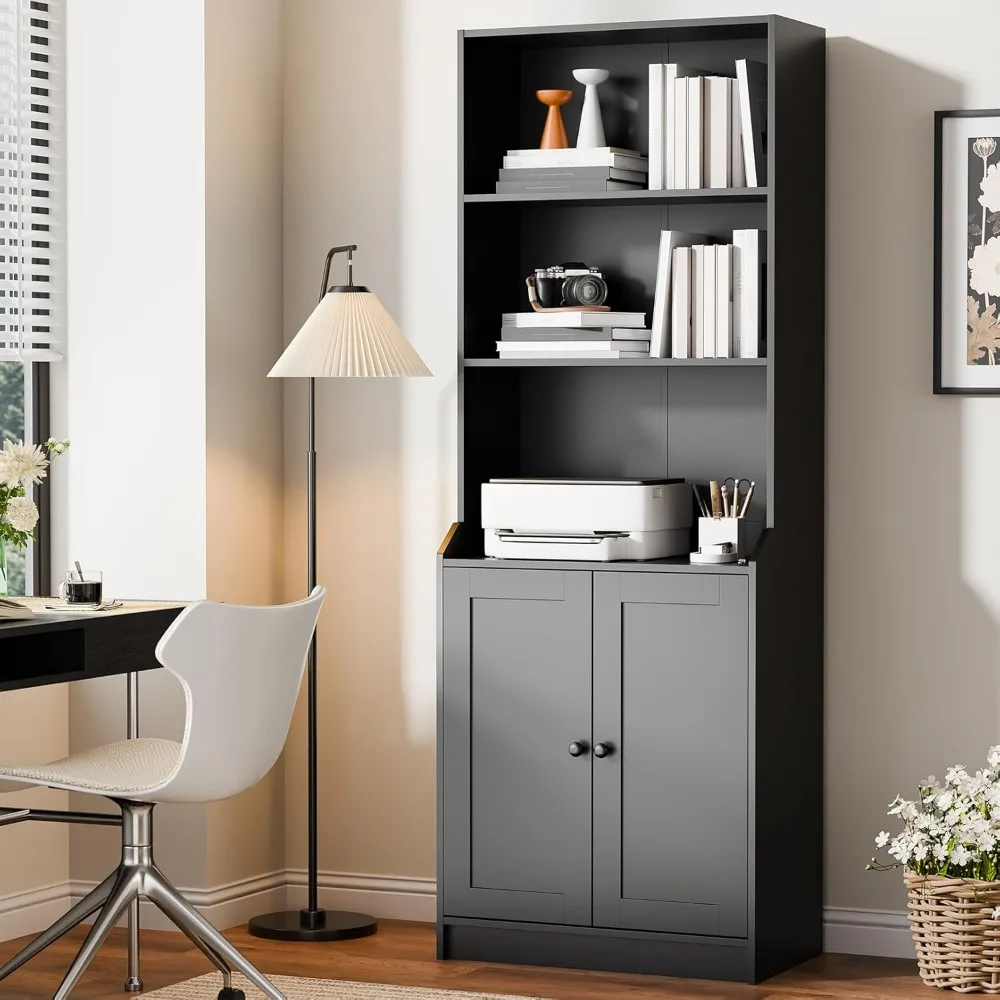 رف كتب كبير بطول 5 طبقات مع خزانة تخزين بعمق 15.7، وخزانة كتب قائمة بذاتها مع بابين لجهاز مادة القراءة الواسعة