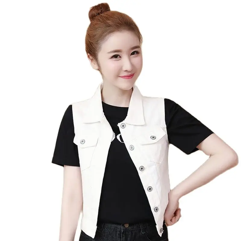 

Fashion White Women's Denim Vest Spring Autumn Short Single-Breasted Sleeveless Denim Jacket Casual Jeans Jacket Female Tops