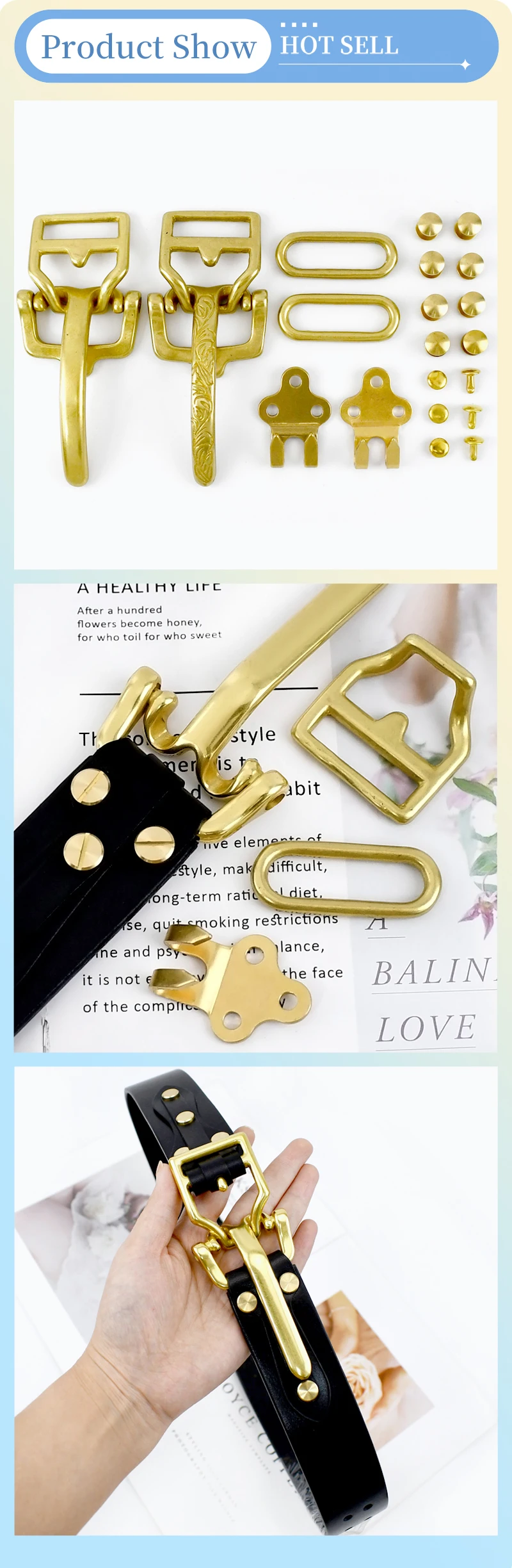 1Set = 4Pcs Solide Messing Kavallerie Gürtel Schnalle für Männer 38mm Band Niet Schrauben Bund haken Verschluss Leder Schnallen Kopf Zubehör – Detail 5