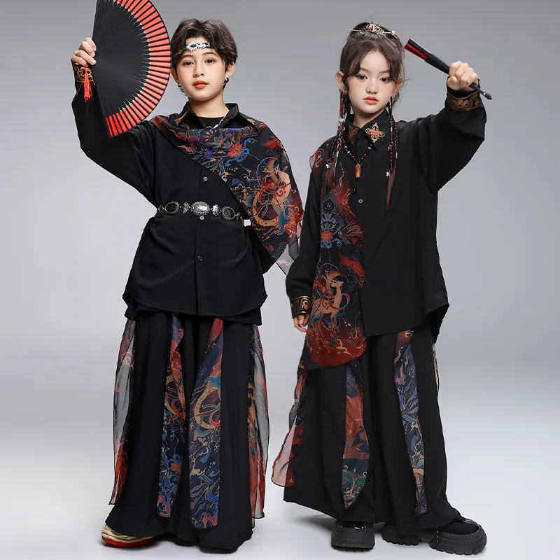 Kid Chinese Style Hip Hop Clothing Black Print Mesh Shirt Casual Wide Leg Pants for Girl Boy Jazz Dance Wear Costume Clothes Set