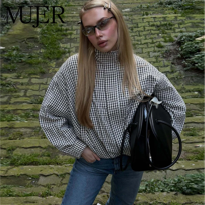 Jaquetas Bomber Xadrez Femininas Cropped, Jaquetas Varsity Femininas, Jaqueta Feminina de Verão e Meia Estação com Zíper, Casacos Casuais Femininos
