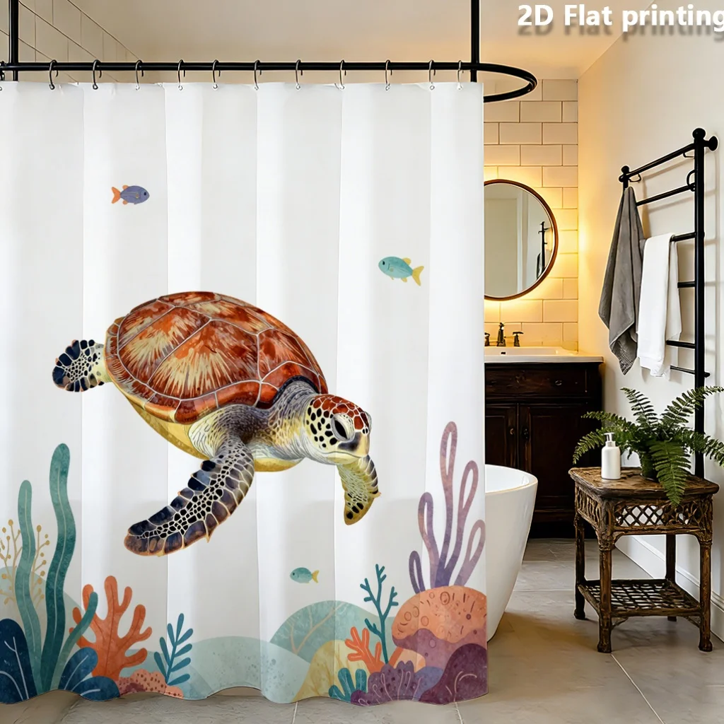 Sea Turtle Tropical Reef Shower Curtain – Colorful Fish & Coral, 2D Flat Print, Polyester, 70.8