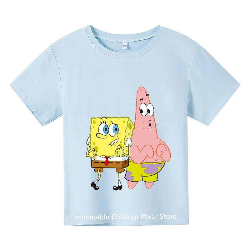 2024 Kids Fashion Summer Cotton T-shirt Cartoon SpongeBob Squarepants Kids Short sleeve Sweatshirt boys girls top