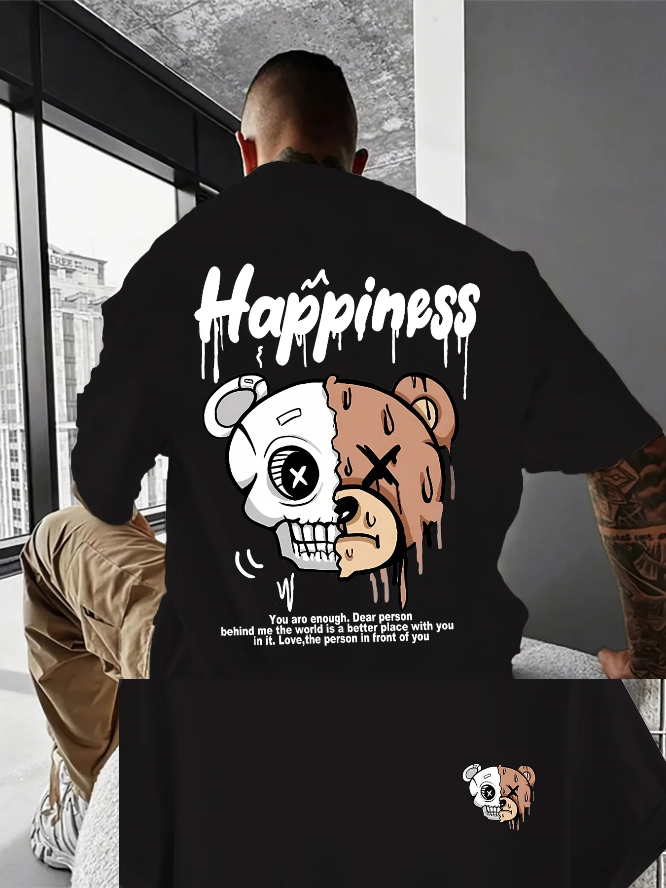 Men's "Happiness" Split Skull Bear T-Shirt Streetwear Inspired Inspirational Tee Perfect for Y2K and Casual Daily Wear100cotton