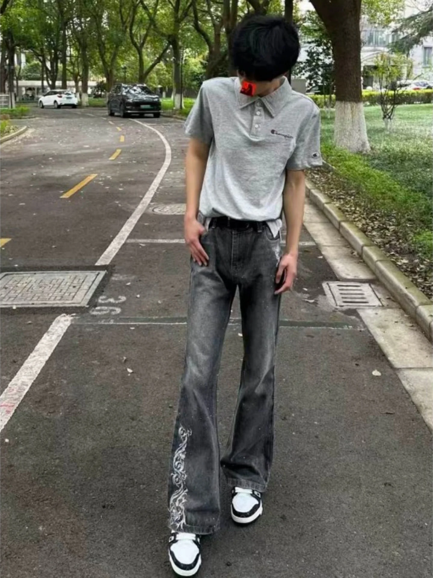 Grey Washed Embroidered Rose Men's Jeans Straight Leg Micro Flared Casual Fashion High Street Vibe Heavy Duty Diamond Heat