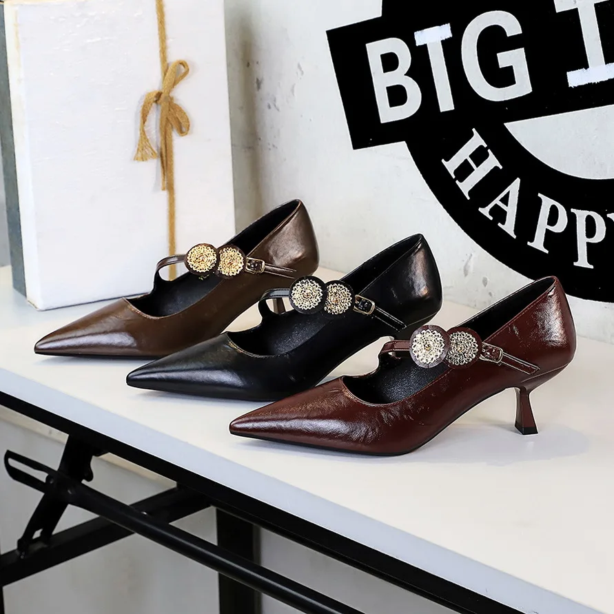 

Pump Women High Heels Shoes Fashion Buckle Slides Shallow Vintage Stilettos Leather Pointed Toe Sandas Black Wine Red Brown
