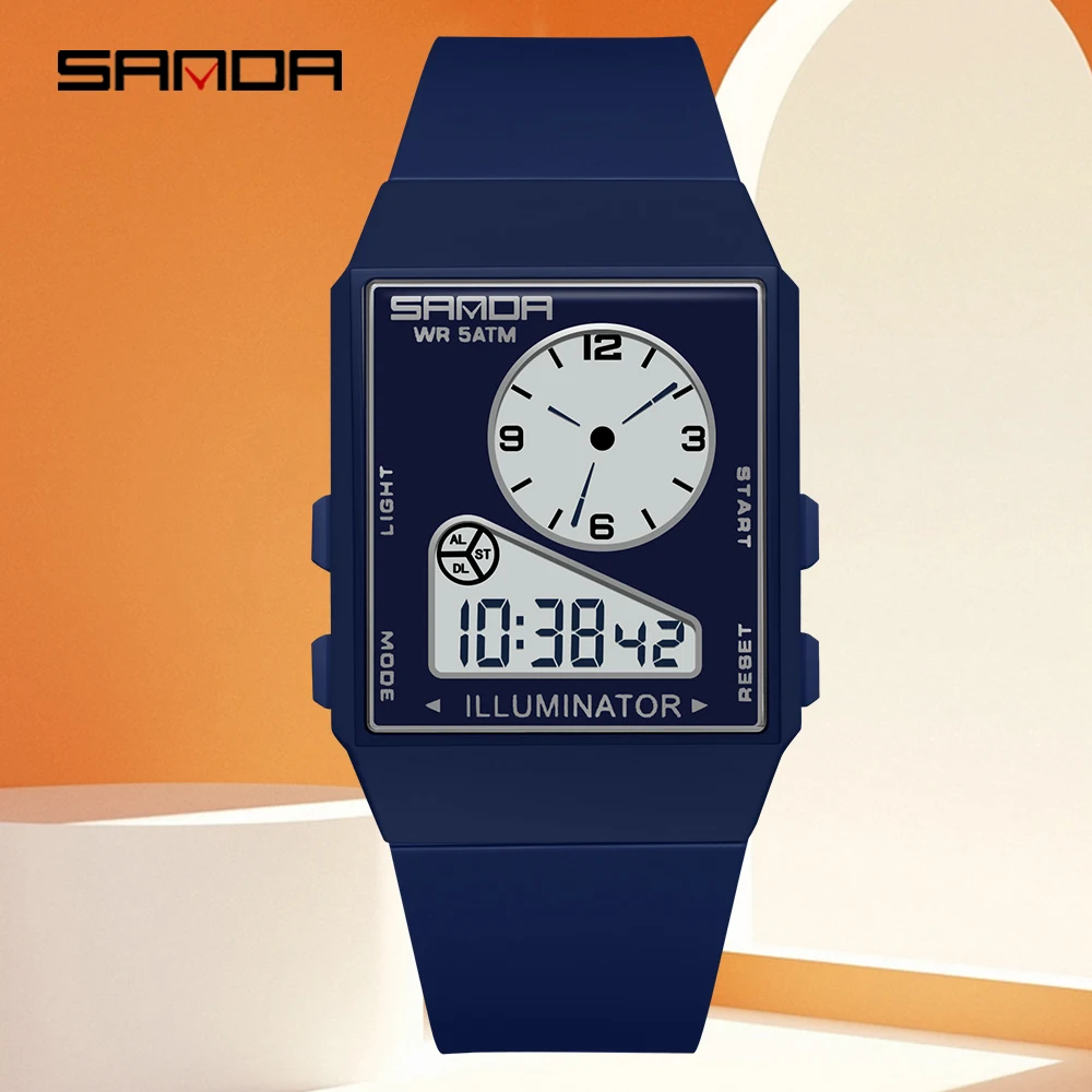 SANDA 2026 Fashion Multifunctional Electronic Men's Watch Square Lightweight Student Sports Waterproof Triple Timing Watch 6338