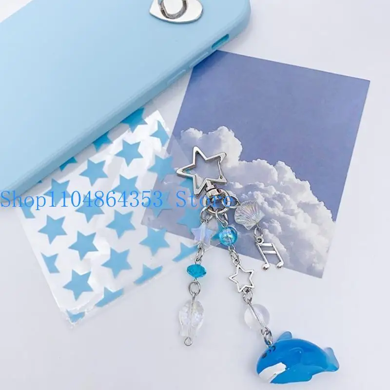 652F Creative Cartoon Whale Keychain Star Pendant Resin Beaded Keyring for Women Bag Backpack Car Holder Phone Case Charm