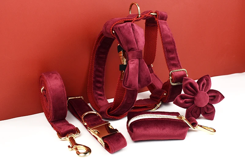 Rotes Weinrot-Samt-Hundehalsband und Leinen-Set für große Hunde, individuell graviertes Namensschild, Haustierzubehör, Hundeleine, Velvet07 – Detail 2