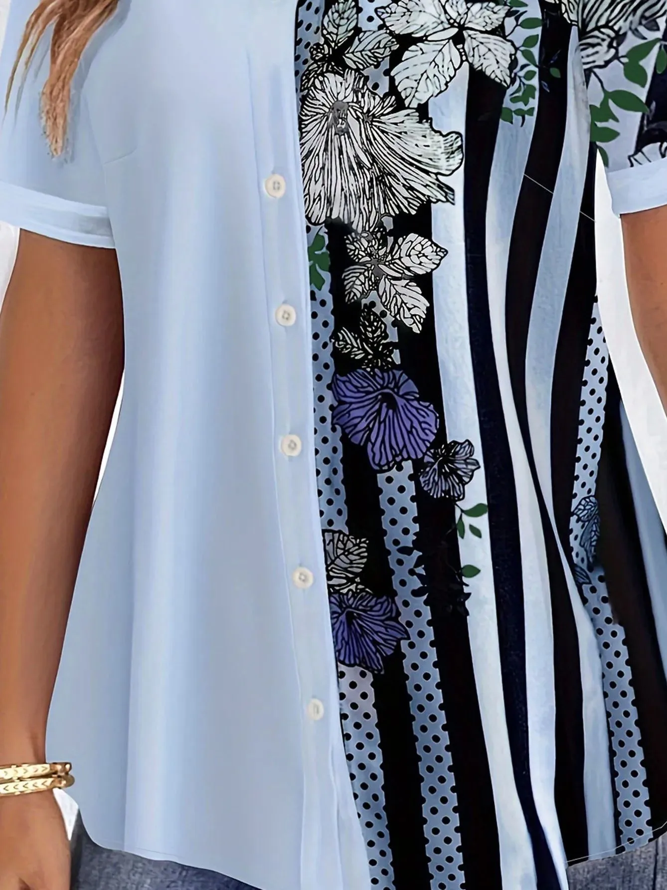 

plus Size Striped Print Blouse Casual round Collar f Sve Cleanfit Sle Women's irt Thin Material ort Sve