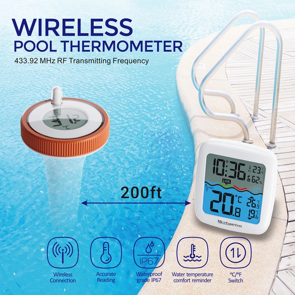 Nicetymeter Digital Swimming Pool Thermometer IP67 Outdoor Floating Water Temperature Comfort Reminder For Bathrooms Aquarium