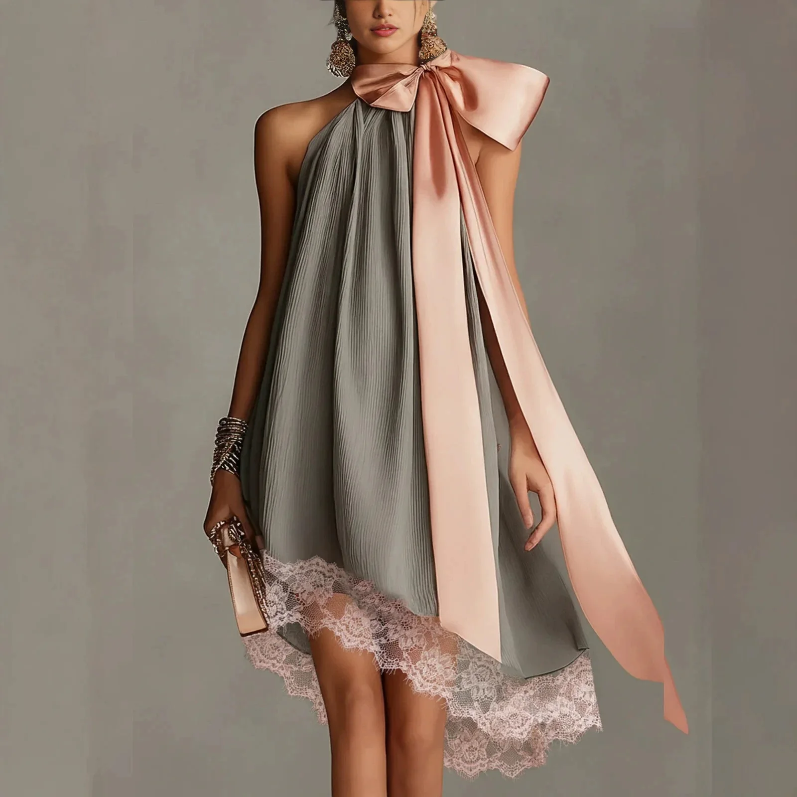 Plissiertes Neckholder-Minikleid für Damen Rosa Satin Große Schleife am Hals Ärmellos Locker Fließend Elegant Cocktail Hochzeitsgast-Kleid