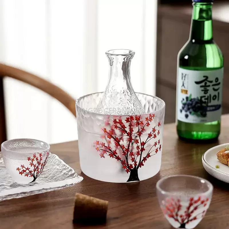 Glass Sake Pot Set, Sakura Wine Set, Japanese Style Glass Wine Set, Household Wine Cup, Household Kitchen Drinking Utensils