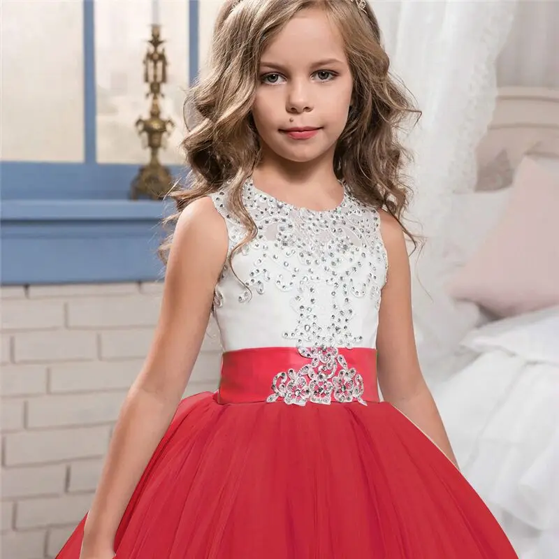 Kids Girl Elegant Weddings Pearl Petals Girl Christmas Dress Princess Party Pageant Lace Frock Tulle for 6 7 8 9 10 11 12 14Yrs