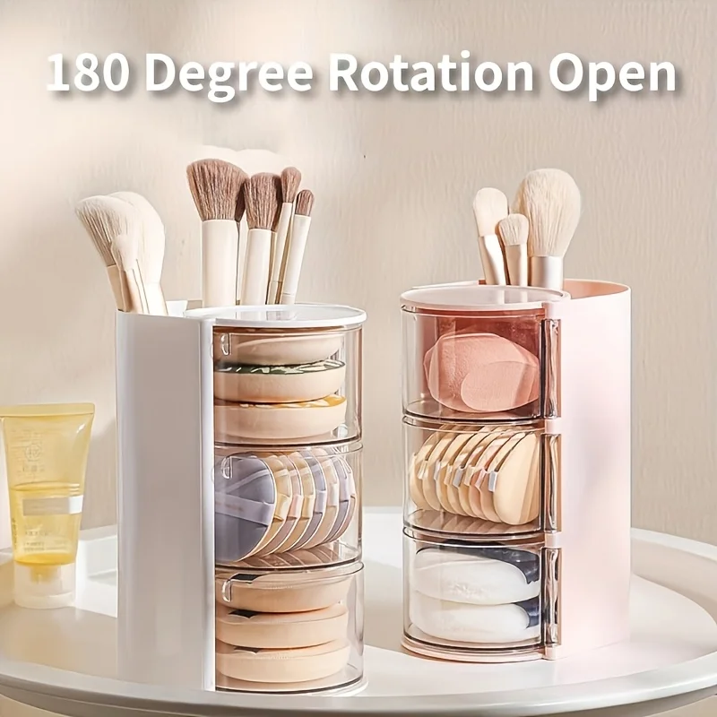 3 Tier Cosmetic Organizer with 180 Degree Rotating Sponge Holder Desktop Makeup Brush Cup Transparent Storage