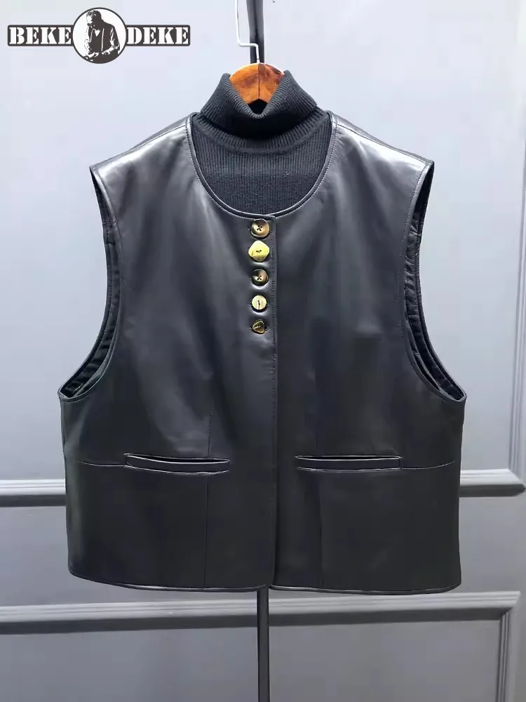 

Single Breasted Women Genuine Leather Vest Fashion O-Neck Sleeveless Short Jacket Solid Color Ladies Casual Sheepskin Waistcoat