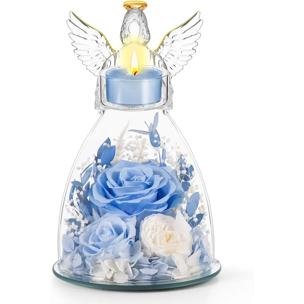 

Elegant Glass Angel with Real Roses for Mom, Christmas Gift for Grandma, Wife, or Mother-in-Law in Blue