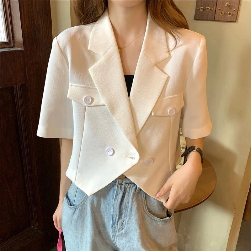 White Short Sleeve Blazer Jacket Ladies 2024 Summer Thin Buttons Notched Collar Suit Coat Women Wild Cropped Outwear Tops Woman