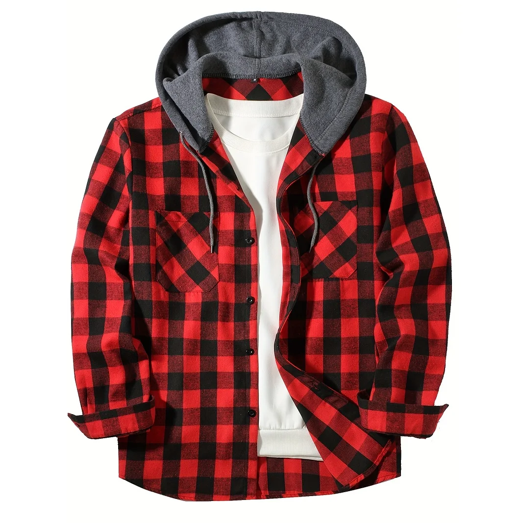 Spring Autumn Men's Hoodies Shirts Classic Plaid Casual Button Down Hooded Long Sleeved Double Pockets Shirt Flannel Jacket Tops