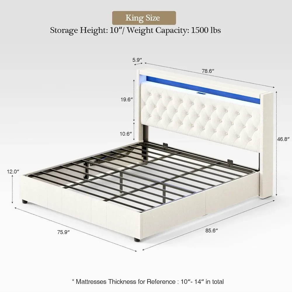 Rama łóżka typu king-size, wytrzymała rama łóżka typu king-size z zagłówkiem, schowek hydrauliczny/światła LED/stacja ładująca