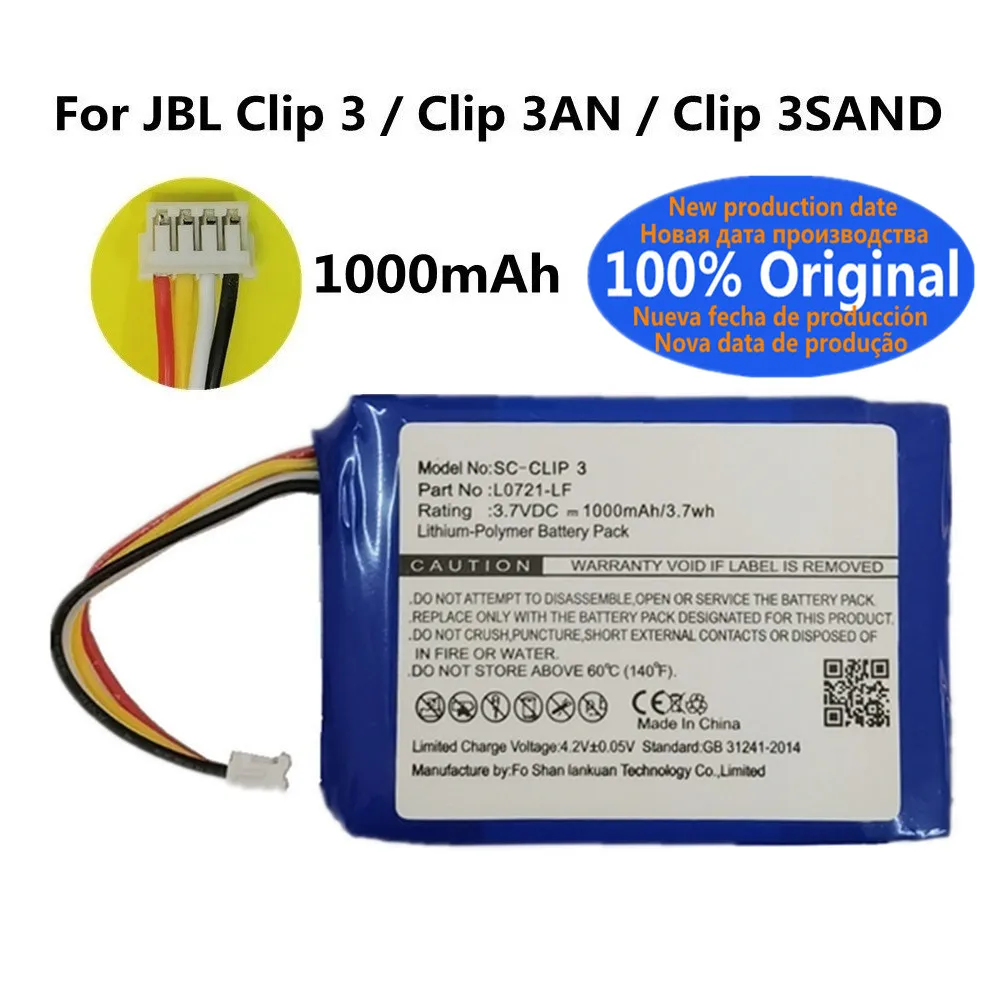 Batería de repuesto original L0721-LF de 1000mAh para altavoces JBL Clip 3 Clip3 Clip 3AN / Clip 3 SAND