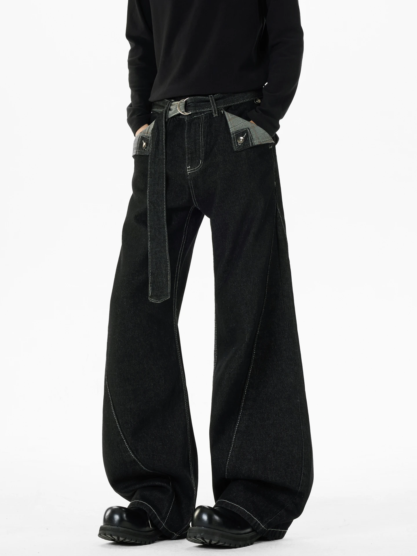 

Retro Loose Fit Men's Denim Jeans with Sash American Deconstructed Knife Wide Leg Pants Casual Wear for Teenagers