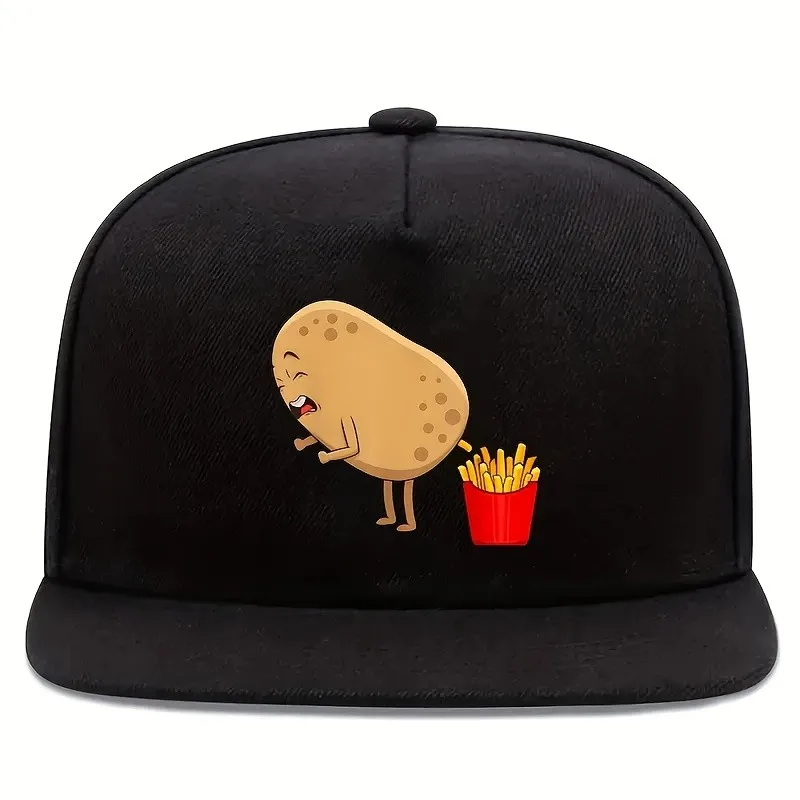 Cute Potato and Fries Cartoon Print Adjustable Flat Brim Baseball Cap Unisex Street Style Outdoor Hat